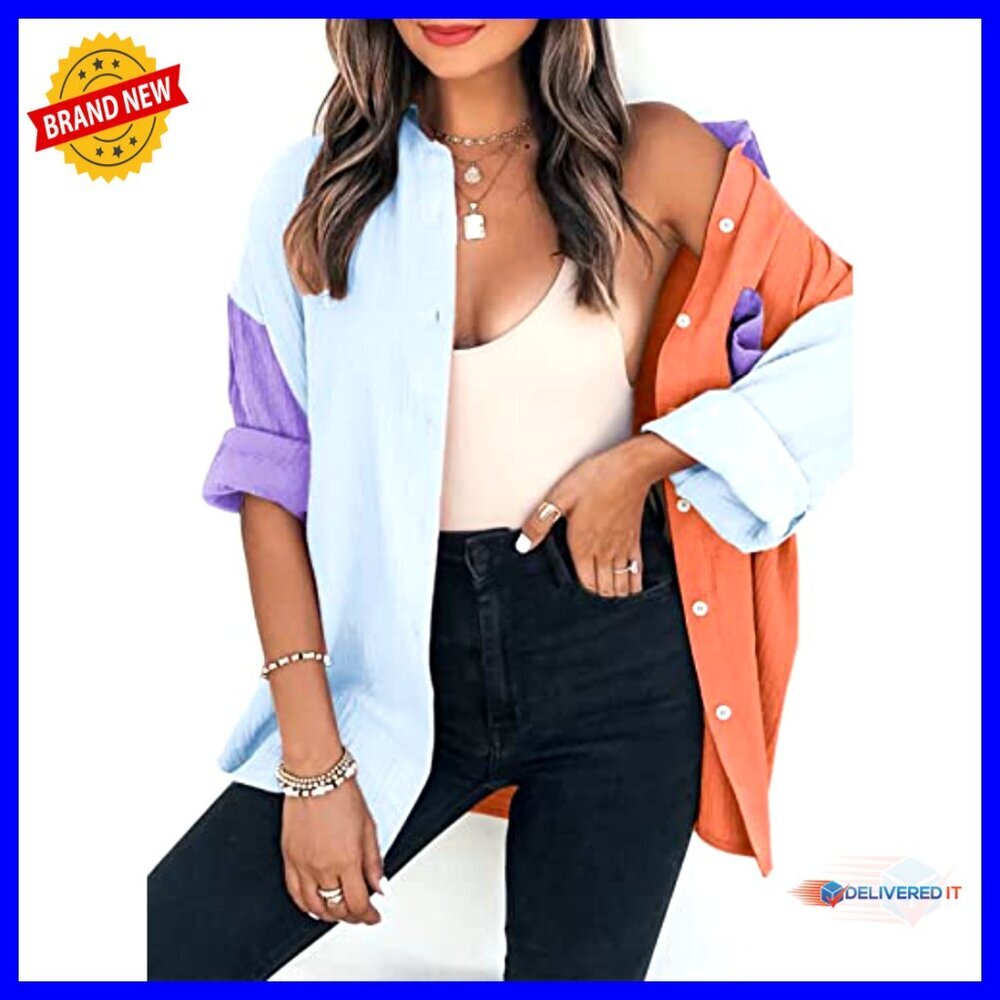 Oversized Boyfriend Button Down Blouse Long Sleeve Color Block Chic Y2K - Picture 5 of 7
